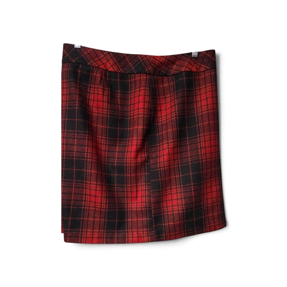Eddie Bauer Women's Black Red Plaid Lined A-Line Short Skirt Size 12 Side Slit